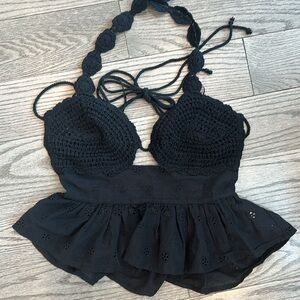 Zara Crochet Black Summer Top with Tie Details in Small never worn